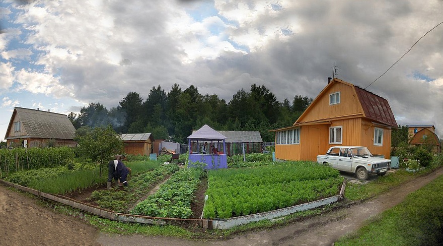 48. Gatscha.JPG - Mischas Datscha - typische Datscha aus unserer Region. Links das Haus von Nachbarin Maria, rechts daneben "unsere" Banja, dann der Pavillion, dahinter das Gewaechshaus fuer die Gurken und Tomaten und rechts Mischas Ferienhaus. Die Datschas sind fuer alle Russen die Oase der Erholung.